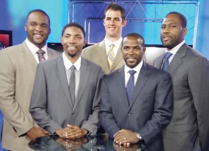 Pictured from left are Glen Davis, Orlando Magic; Roger Mason, Jr., New Orleans Hornets; Jason Smith, New Orleans Hornets; Mike James, Dallas Mavericks; and Elton Brand, Dallas Mavericks.