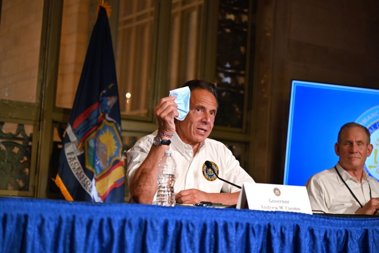 Gov. Andrew Cuomo holds up mask during May 27, 2021 press briefing. 

(Kevin P. Coughlin / Office of Governor Andrew M. Cuomo)