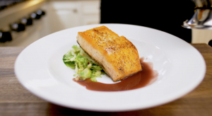 Salmon with Brussel Sprouts and Red Wine Sauce Close Up