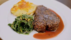 Steak Au Poivre with Garlic Arugula Close Up 2