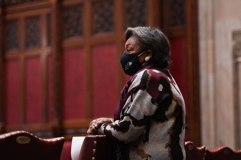 Senate Majority Leader Andrea Stewart-Cousins, a Westchester County Democrat, watches the passage of legislation.

Photo courtesy of NY Senate Media Services