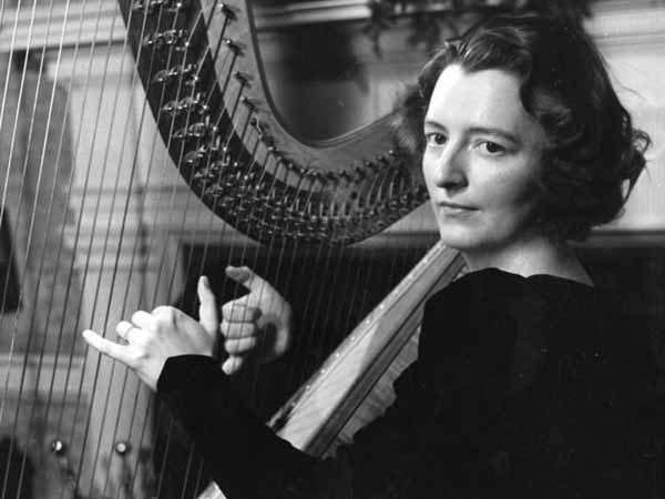 Edna Phillips, harp, Philadelphia Orchestra. 
(Published in the Inquirer 1941. PHOTO: R. T. Doone)