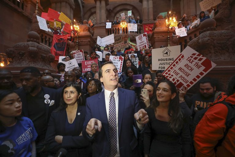 Sen. Mike Gianaris, a Queens Democrat, speaks at a housing rally in 2020.