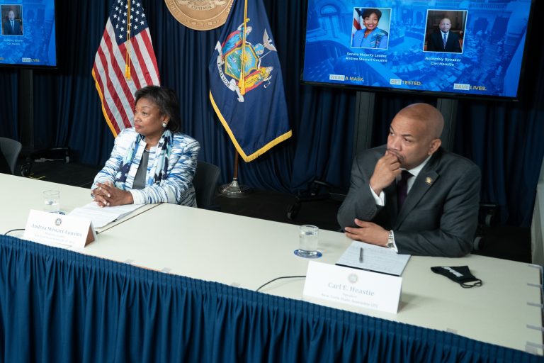 Assembly Speaker Carl Heastie and Senate Majority Leader Andrea Stewart-Cousins attend press conference in summer 2020.