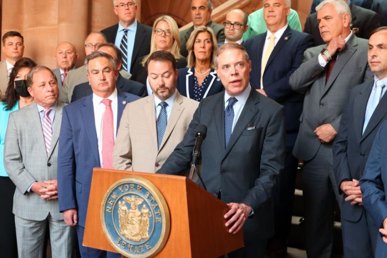 Assembly Minority leader William Barclay speaks at a rally with his GOP colleagues.