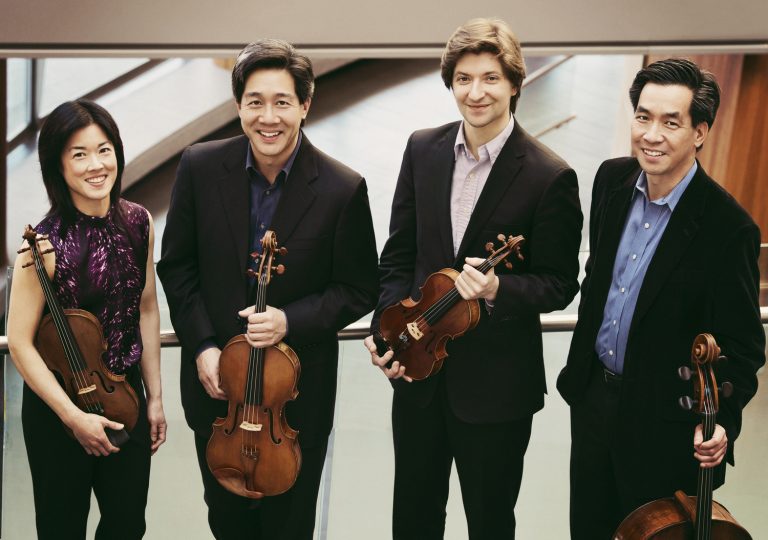 Ying Quartet, l-r: Janet Ying (violin), Phillip Ying (viola) new first violinist Robin Scott, and David Ying (cello), in Wolk Atrium outside Hatch Hall at Eastman Theatre, Eastman School of Music March 23, 2015  // photo by J. Adam Fenster / University of Rochester