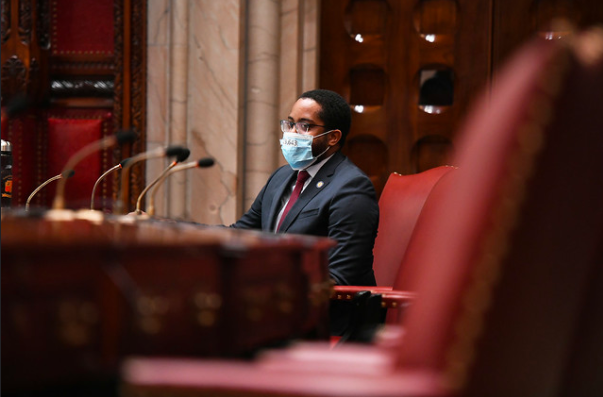 State Sen. Zellnor Myrie, a Brooklyn Democrat, sits in the chamber.

Photo Courtesy of NY Senate Media Services